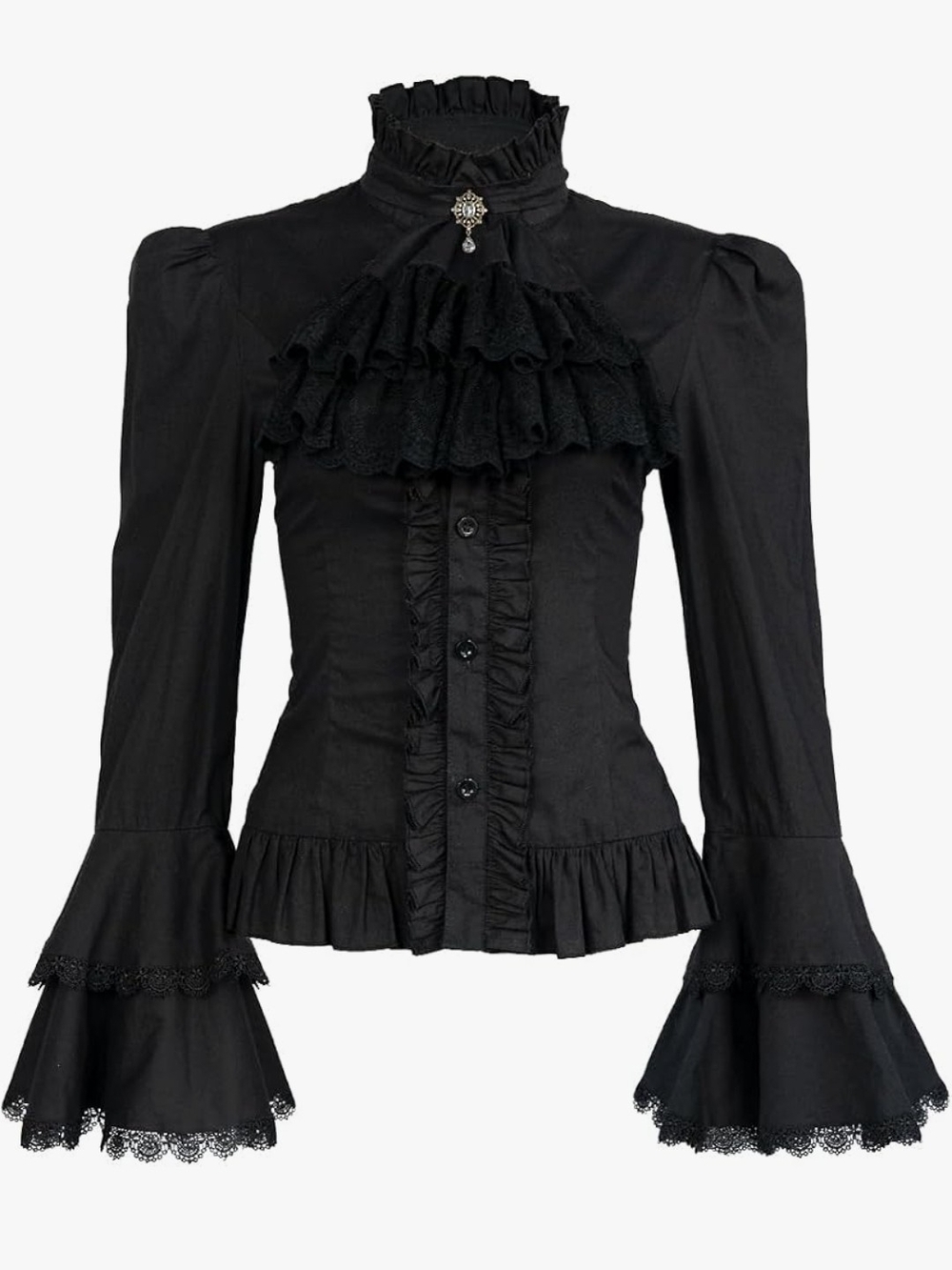 Victorian Ruffle High-Neck Black Blouse - Size S